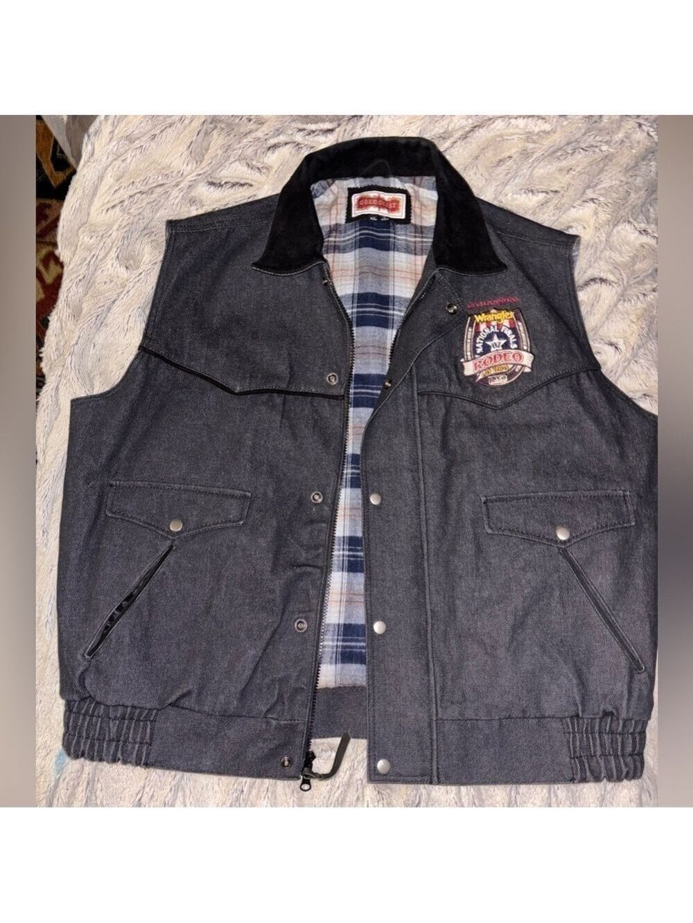 🔥RARE🔥 Gold Coast Black Denim Vest Men XL Wrangler National Final Rodeo Vegas 07